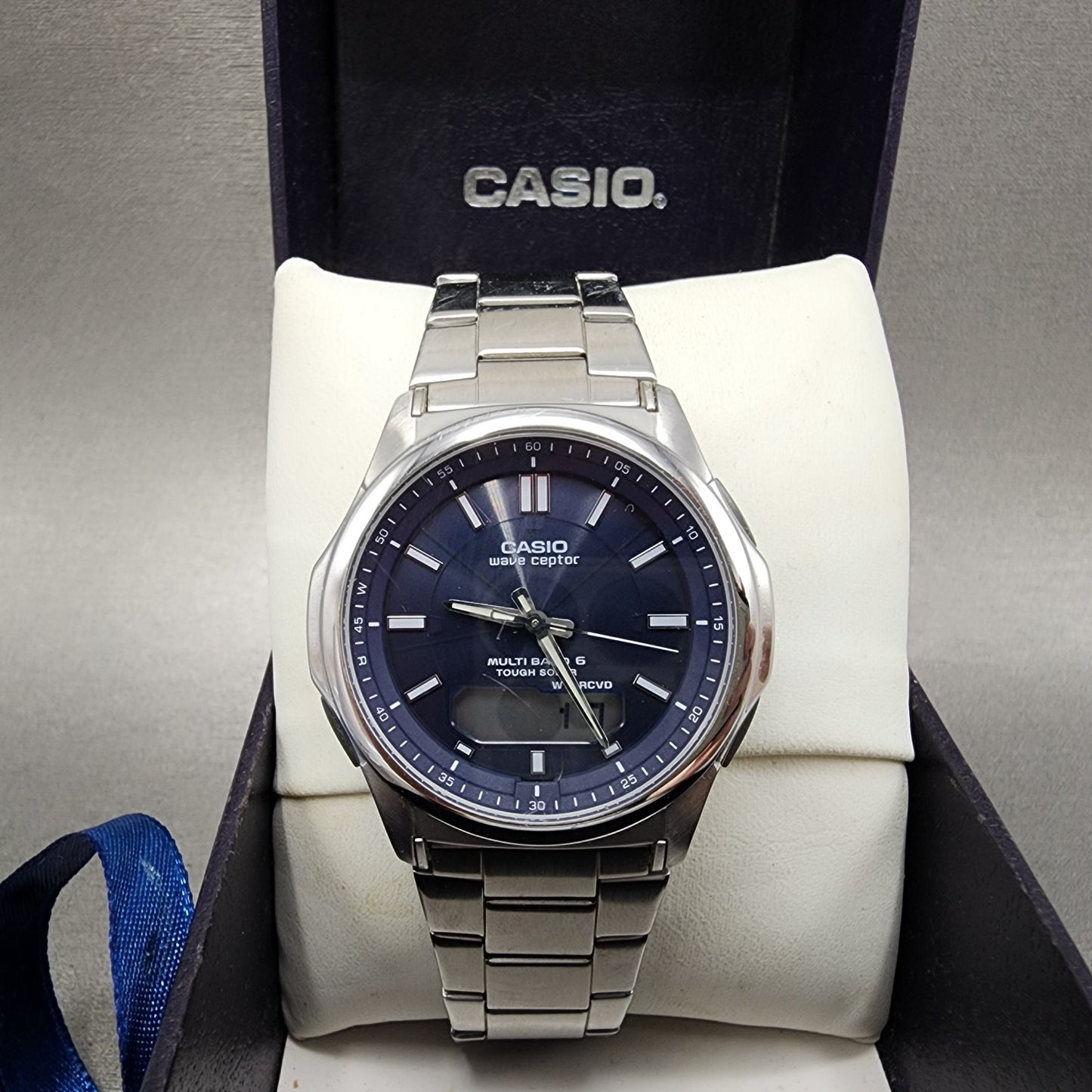 Casio Wave Ceptor Watch Men 42mm Blue Dial Steel Analog Digital Solar Runs0