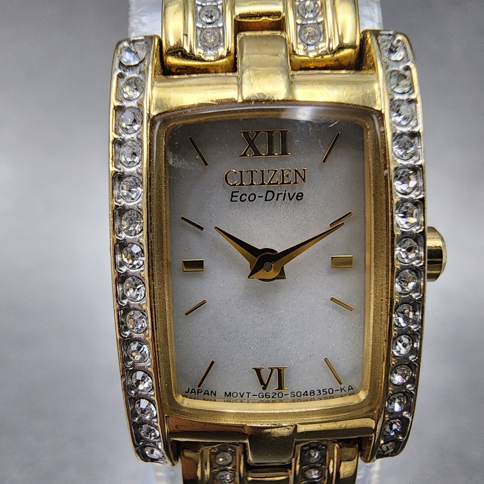 Citizen EcoDrive Tank Watch Women 15mm Silver Dial Gold Tone G620S028728 Runs1