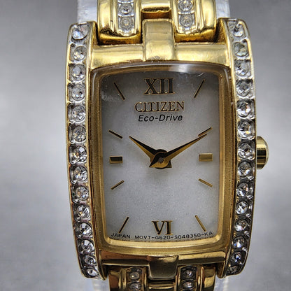 Citizen EcoDrive Tank Watch Women 15mm Silver Dial Gold Tone G620S028728 Runs1