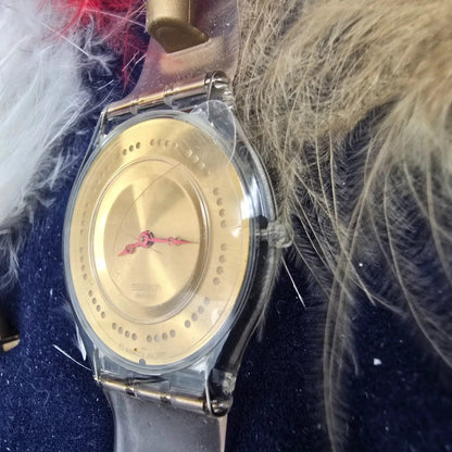 Swatch Plume de Fête Watch Men 34mm Gold Dial Clear Case SFK136 New Battery NOS6