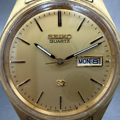 Seiko SQ Watch Men 35mm Gold Dial Gold Tone Daydate Round 5Y23-8040 New BatteryP1