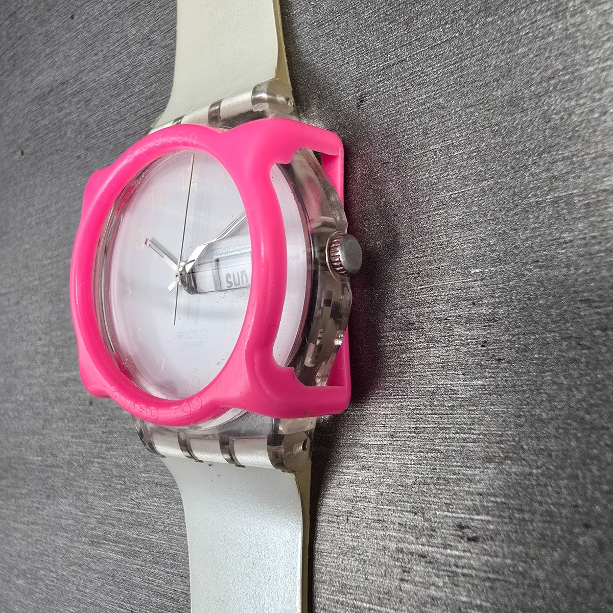 Swatch Snowcovered Watch Men 34mm White Dial Clear Case Daydate GK733 New Batt4