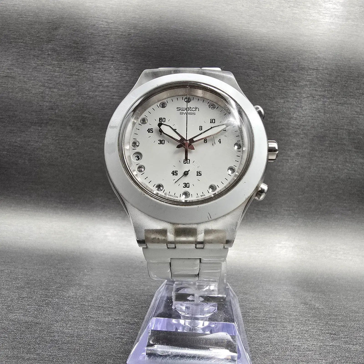 Swatch Irony Diaphane Full-Blooded Chrono Watch Men 43mm White Dial Clear NewBat5