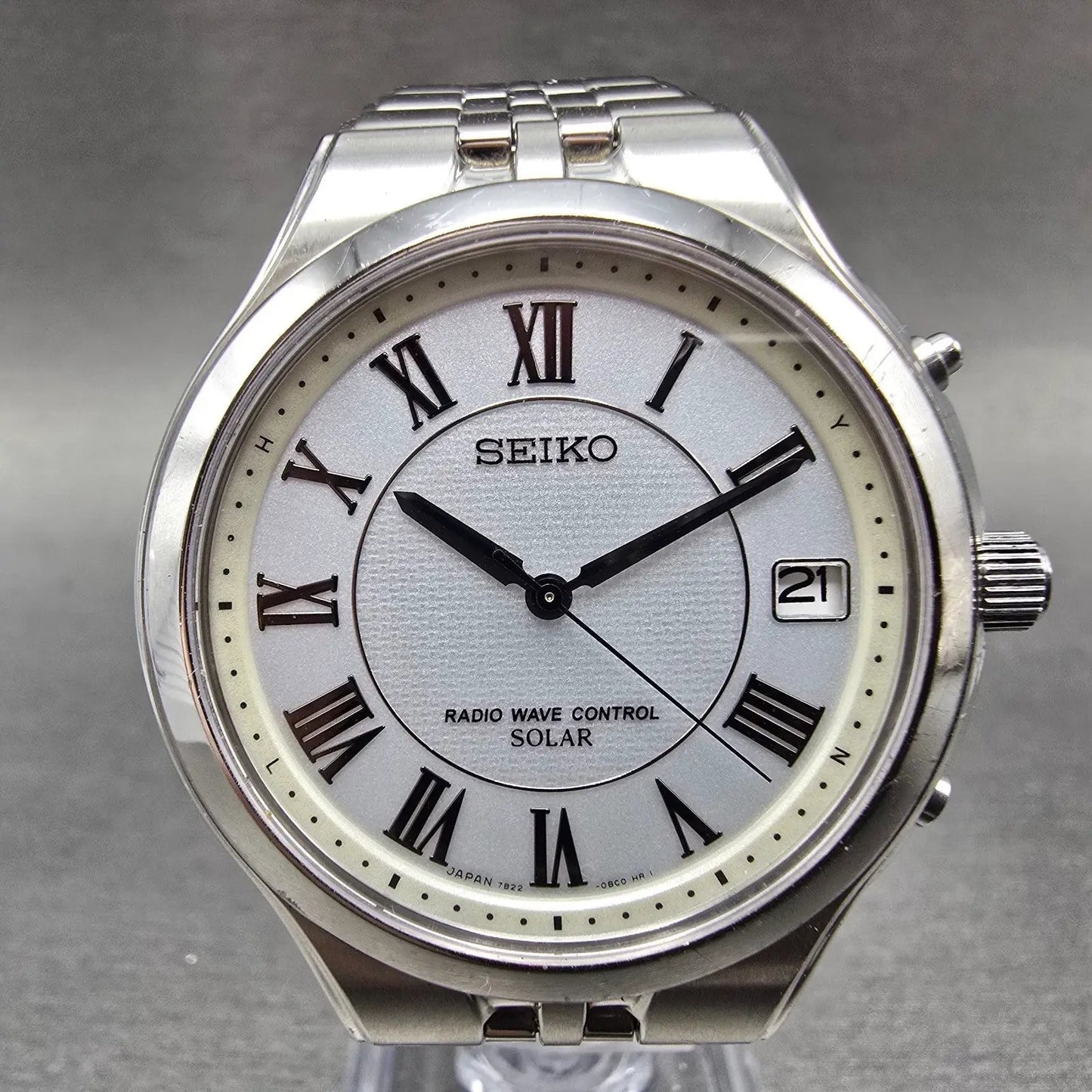Seiko Solar Watch Men 38mm White Dial Silver Tone Date Atomic 7B22-0AM0 READ!!!!0