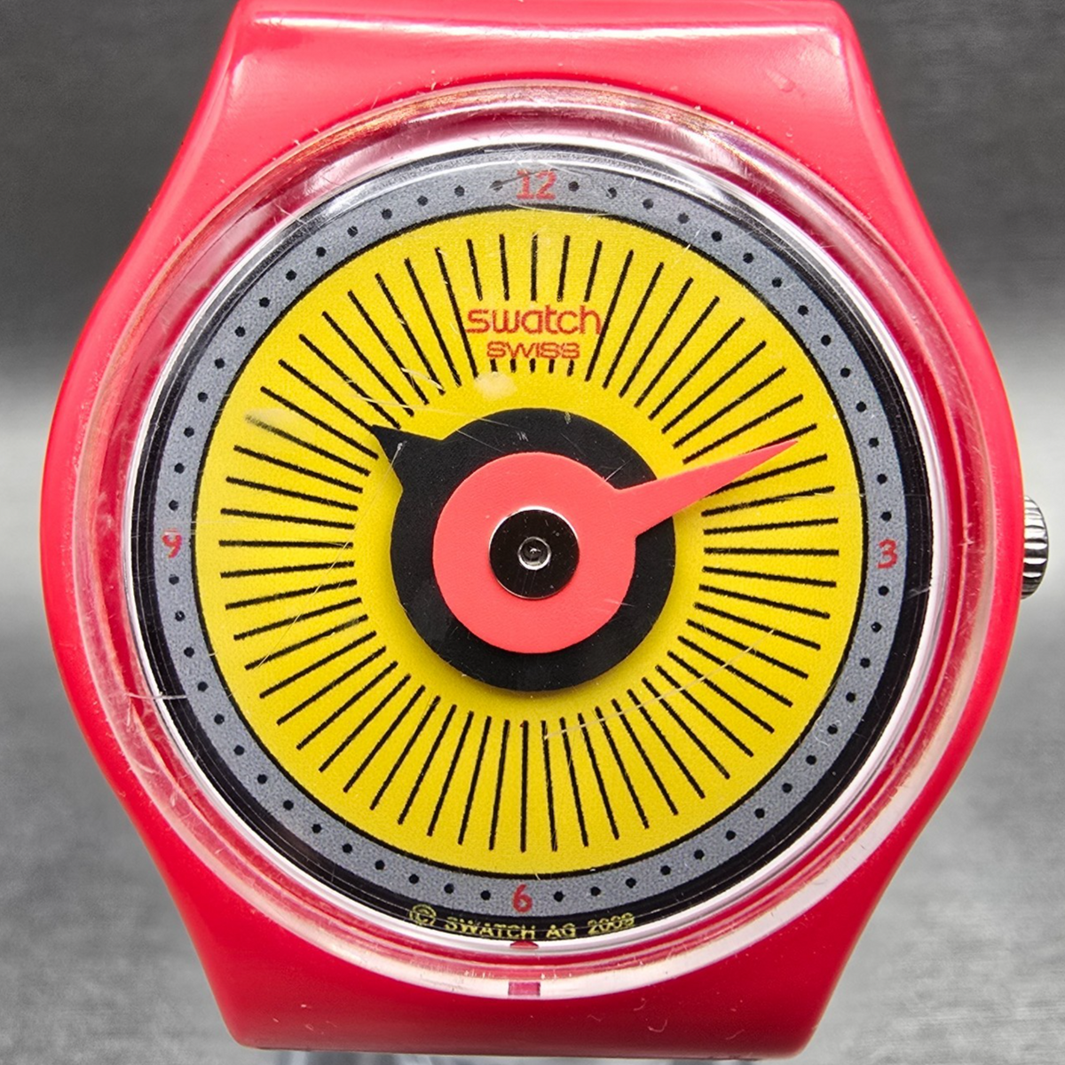 Swatch Radio Button Watch Men 34mm Yellow Dial Red Case Round GR153 New Battery1
