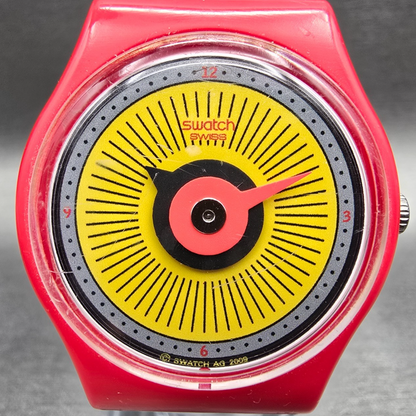 Swatch Radio Button Watch Men 34mm Yellow Dial Red Case Round GR153 New Battery1