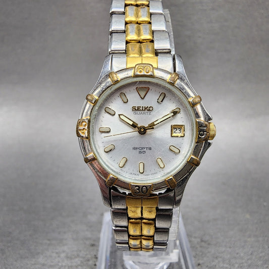 Seiko Sports 50 Watch Women 25mm Silver Dial Two ToneRound 7N820261 New Battery0