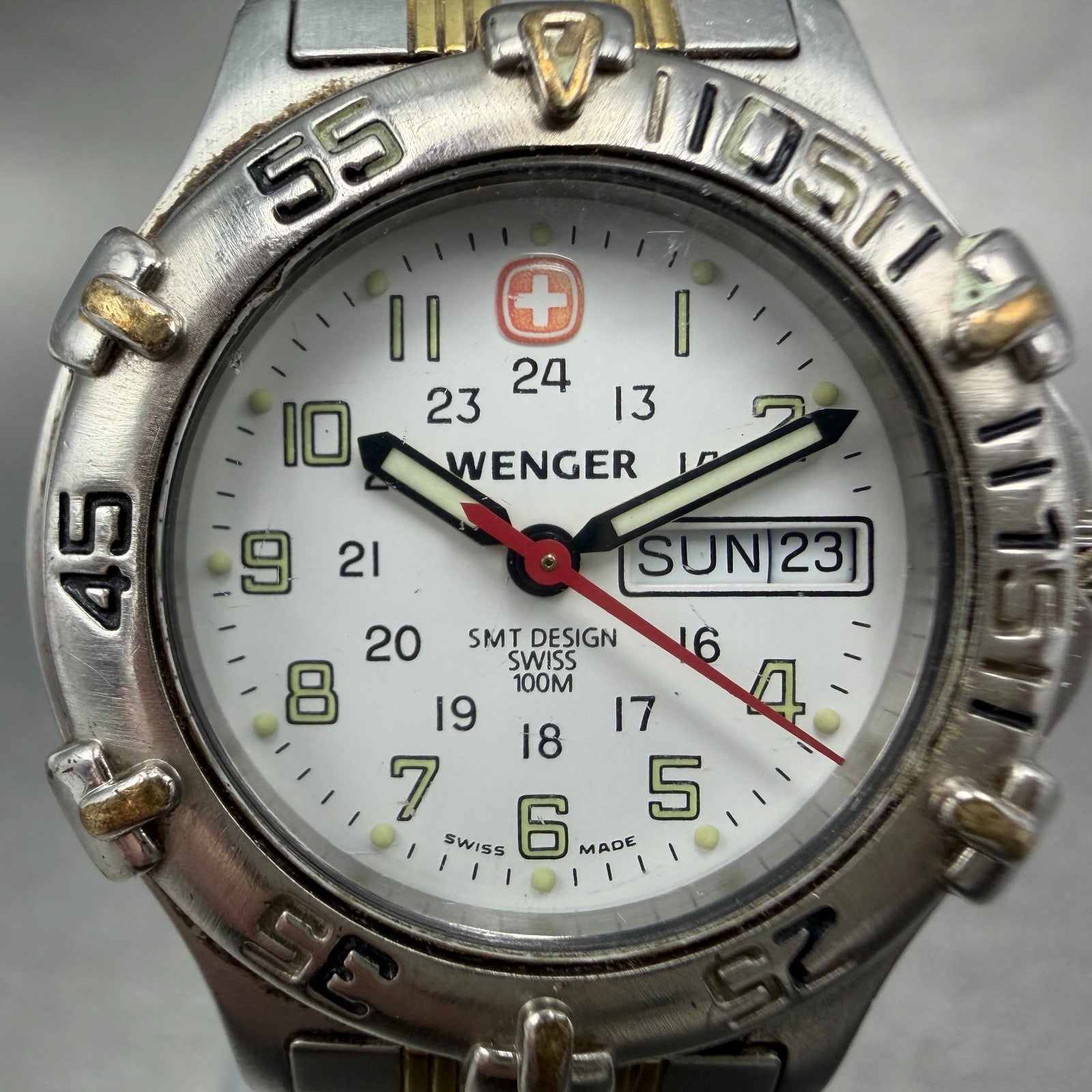 Wenger SMT Design Watch Women 29mm White Dial Two Tone Daydate Round New Batt1
