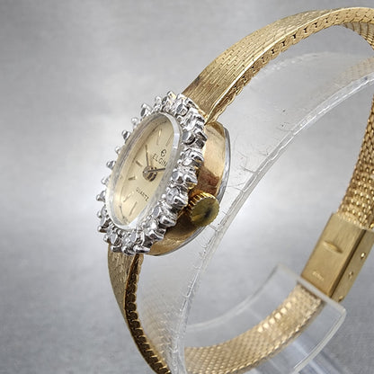 Elgin Watch Women 15mm Champagne Dial Gold Tone Oval Diamond bezel New Battery2