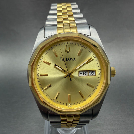 Bulova Watch Men 37mm Gold Dial Two Tone Daydate Round 98C002 New Battery0