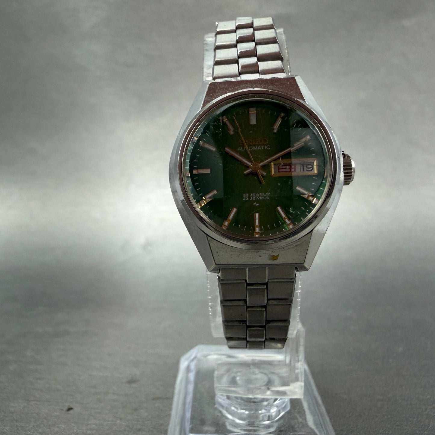 Seiko Automatic Watch Women 25mm Green Dial Silver Tone Daydate 2206-0410 Runs 35