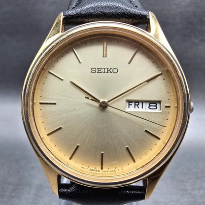Seiko Watch Men 35mm Champagne Dial Gold Tone Daydate Round 7N43-8A99 New Batt1