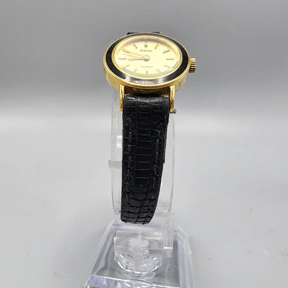 VTG Pulsar Watch Women Gold Tone Round 22mm Leather Band Y480-0540 New Battery