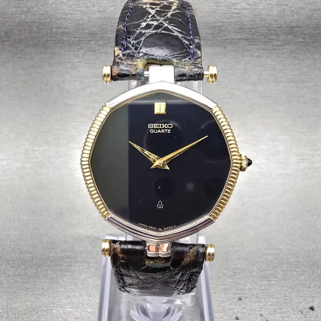 Seiko Watch Men 30mm Black Dial Two Tone Octagon 5930-5470 New Battery Vintage0