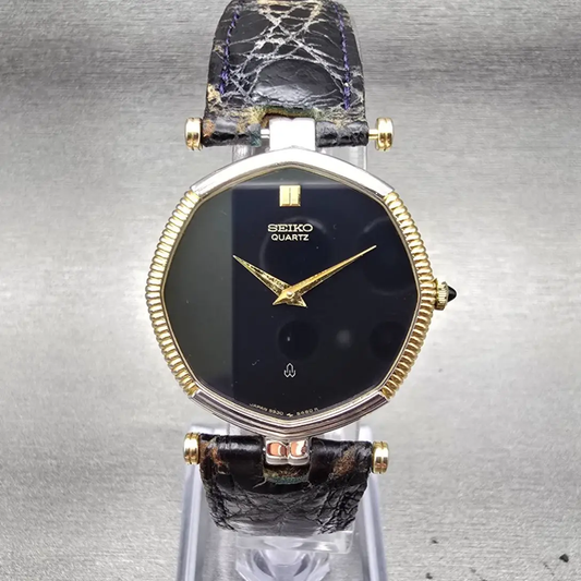 Seiko Watch Men 30mm Black Dial Two Tone Octagon 5930-5470 New Battery Vintage0