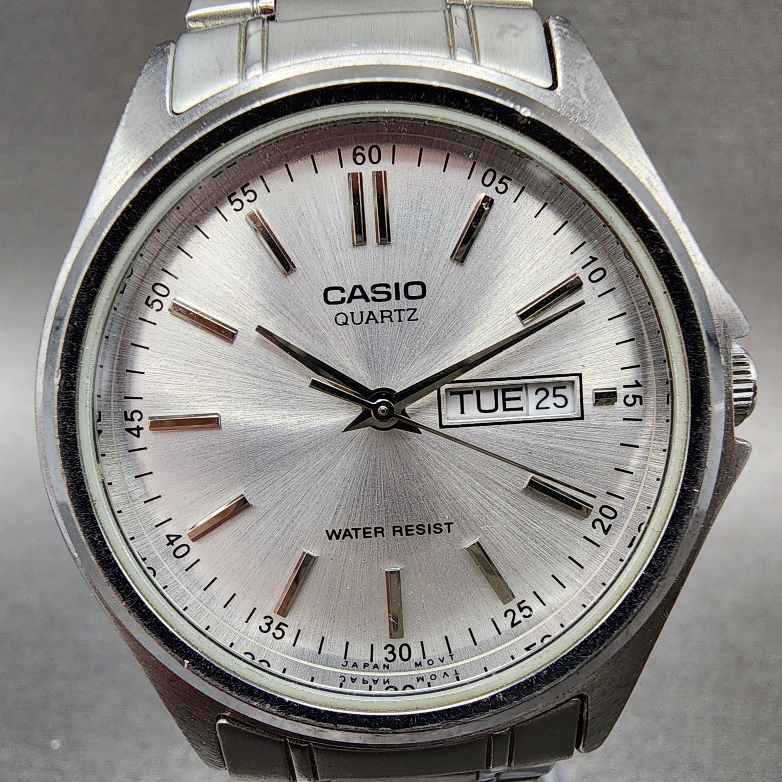 Casio Watch Men 37mm Silver Dial Silver Tone Daydate MTP1239DJ New Battery1