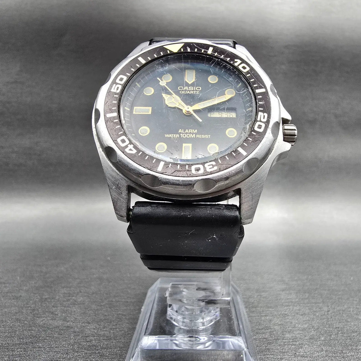 Casio Dive Watch Men 41mm Black Dial Silver Tone Daydate Alarm MMA-200W New Bat5