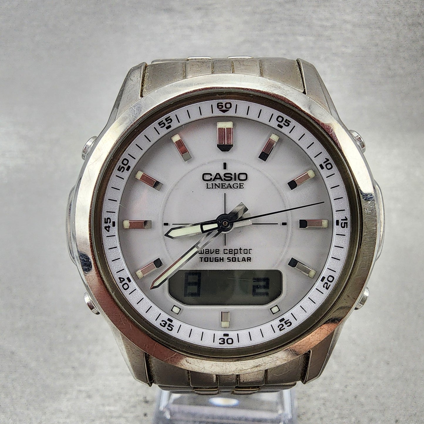 Casio Lineage Watch Men 41mm White Dial Titanium Analog Digital Solar Runs1