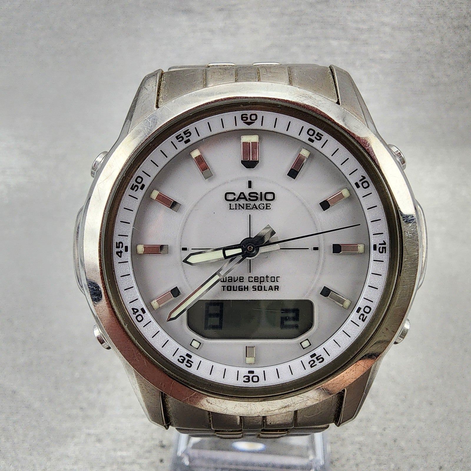Casio Lineage Watch Men 41mm White Dial Titanium Analog Digital Solar Runs1