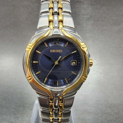 Seiko Watch Women 26mm Blue Dial Two Tone Date Round 7N820AT0 New Battery B1230