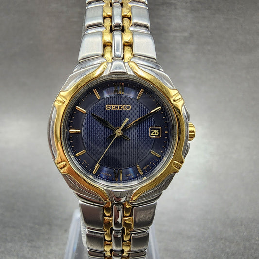 Seiko Watch Women 26mm Blue Dial Two Tone Date Round 7N820AT0 New Battery B1230