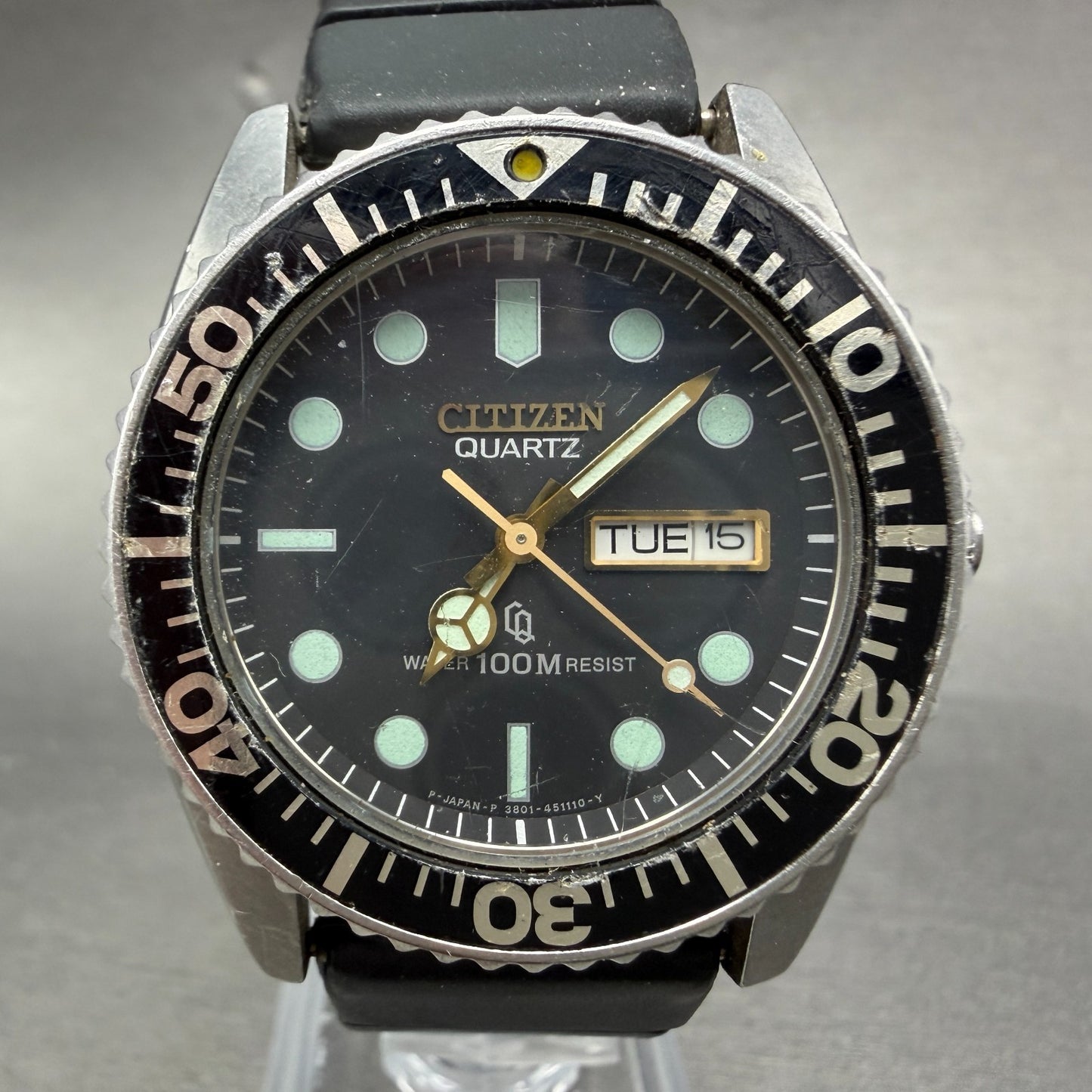 Citizen CQ Dive Watch Men 38mm Black Dial Steel Daydate 3801-450671 PARTS0