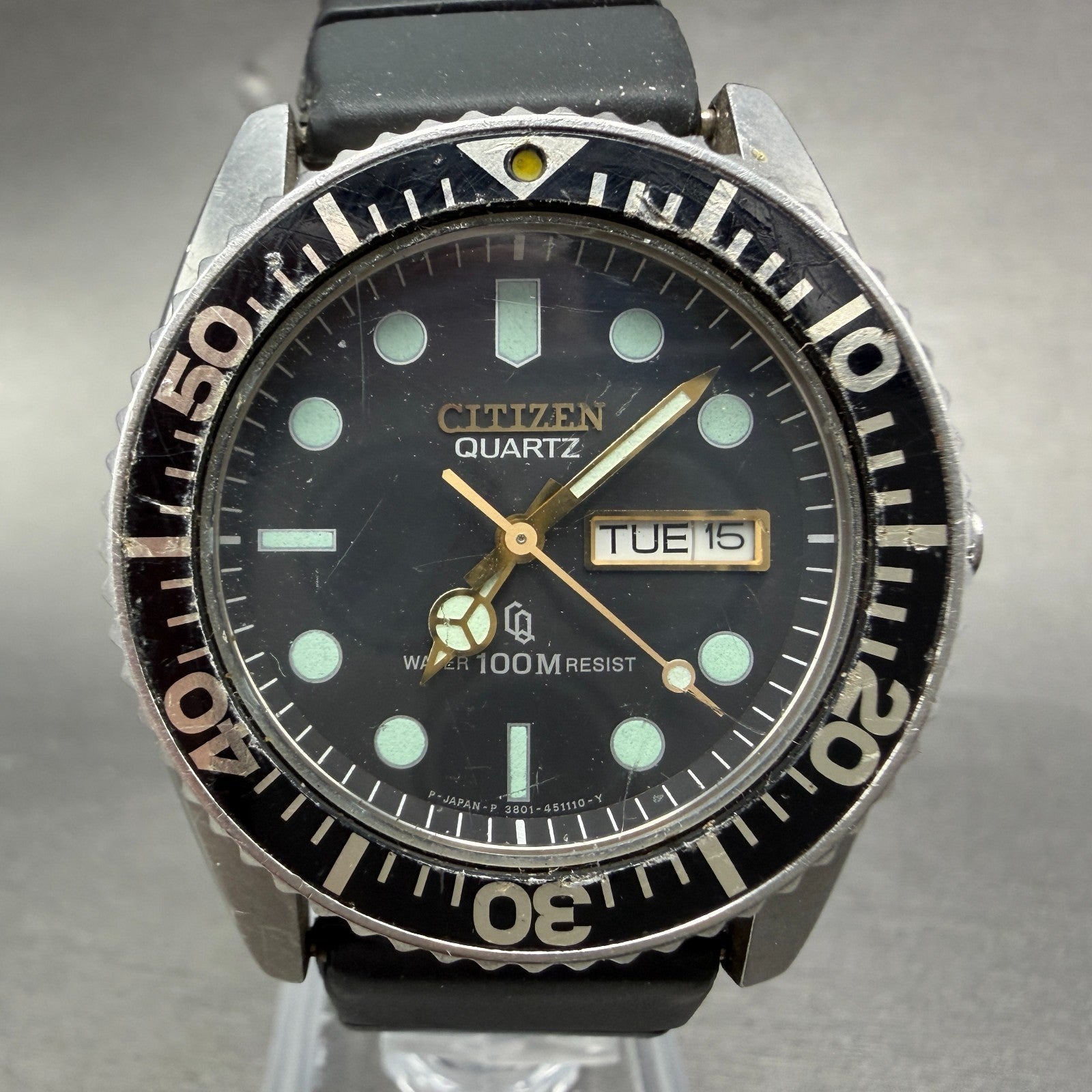 Citizen CQ Dive Watch Men 38mm Black Dial Steel Daydate 3801-450671 PARTS0