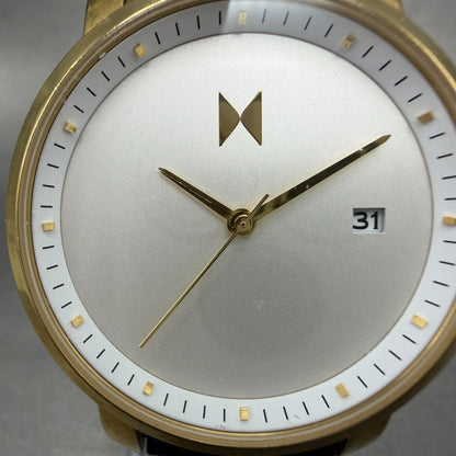 MVMT Boulevard Watch Women 38mm White Dial Gold Tone Date Leather New Battery AB1