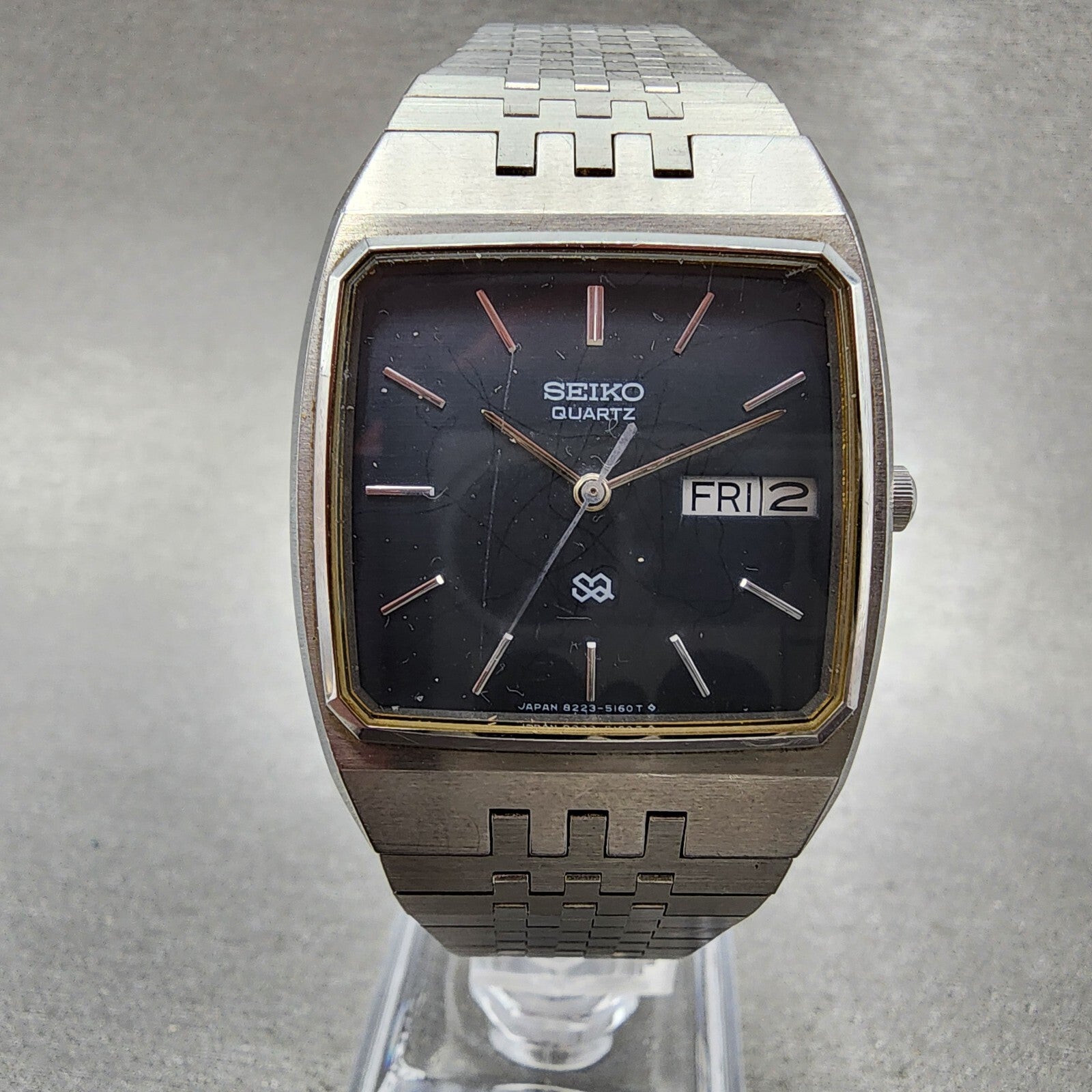 Seiko SQ Tank Watch Men 31mm Black Dial Silver Tone Daydate 82235169 NewBattery0