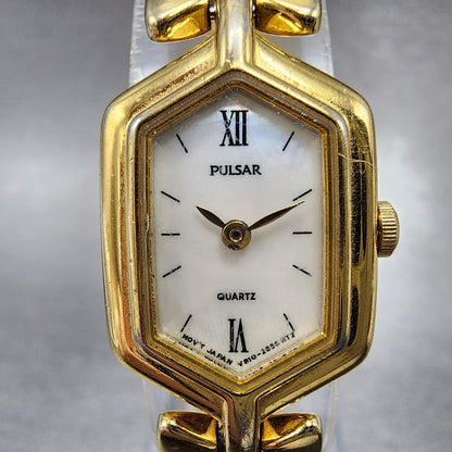 Pulsar Watch Women 17mm MOP Dial Gold Tone Hexagon V8105880 New Battery0