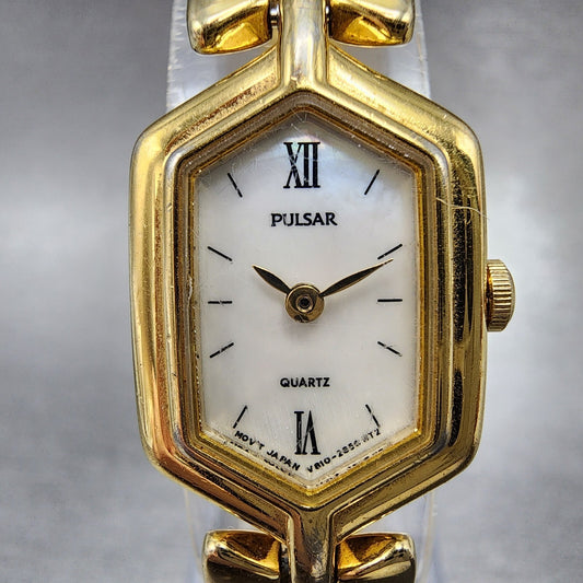 Pulsar Watch Women 17mm MOP Dial Gold Tone Hexagon V8105880 New Battery0