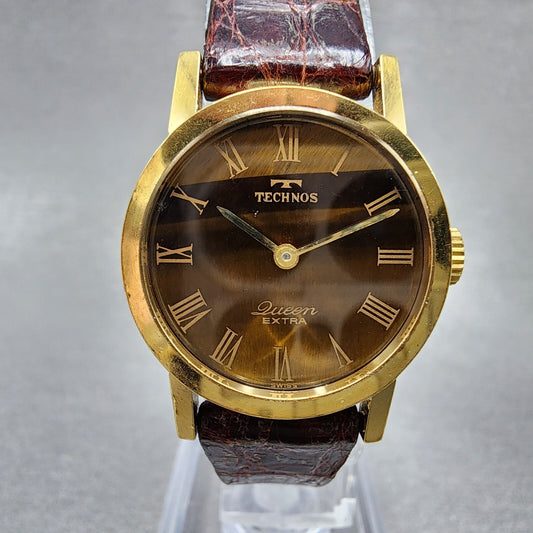 Technos Queen Extra Watch Women 23mm Tiger-eye Dial Gold Filled Manual Wind Runs