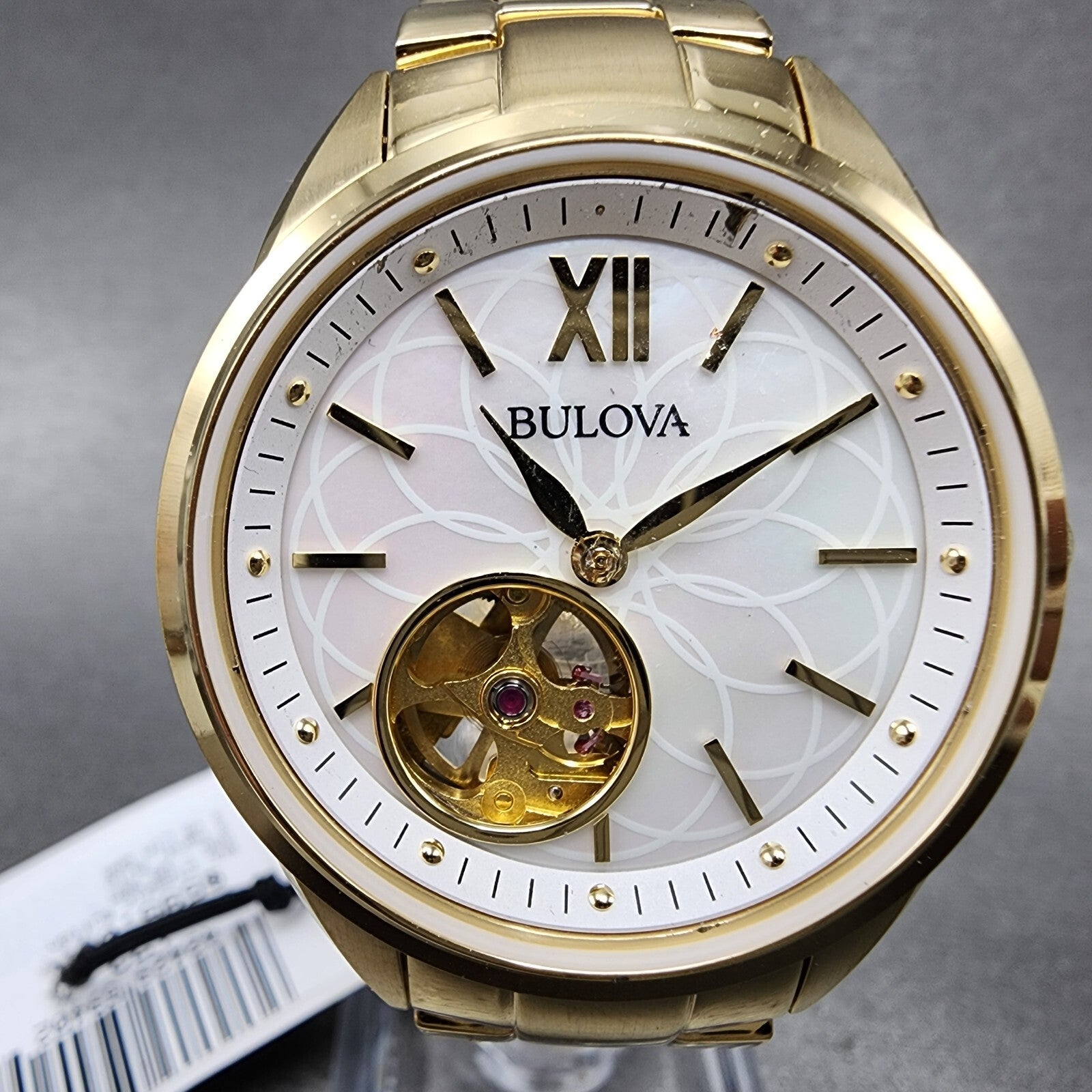 Bulova Skeleton Watch Women 34mm White Dial Gold Tone Auto 97L172 PARTS READ!!!!2