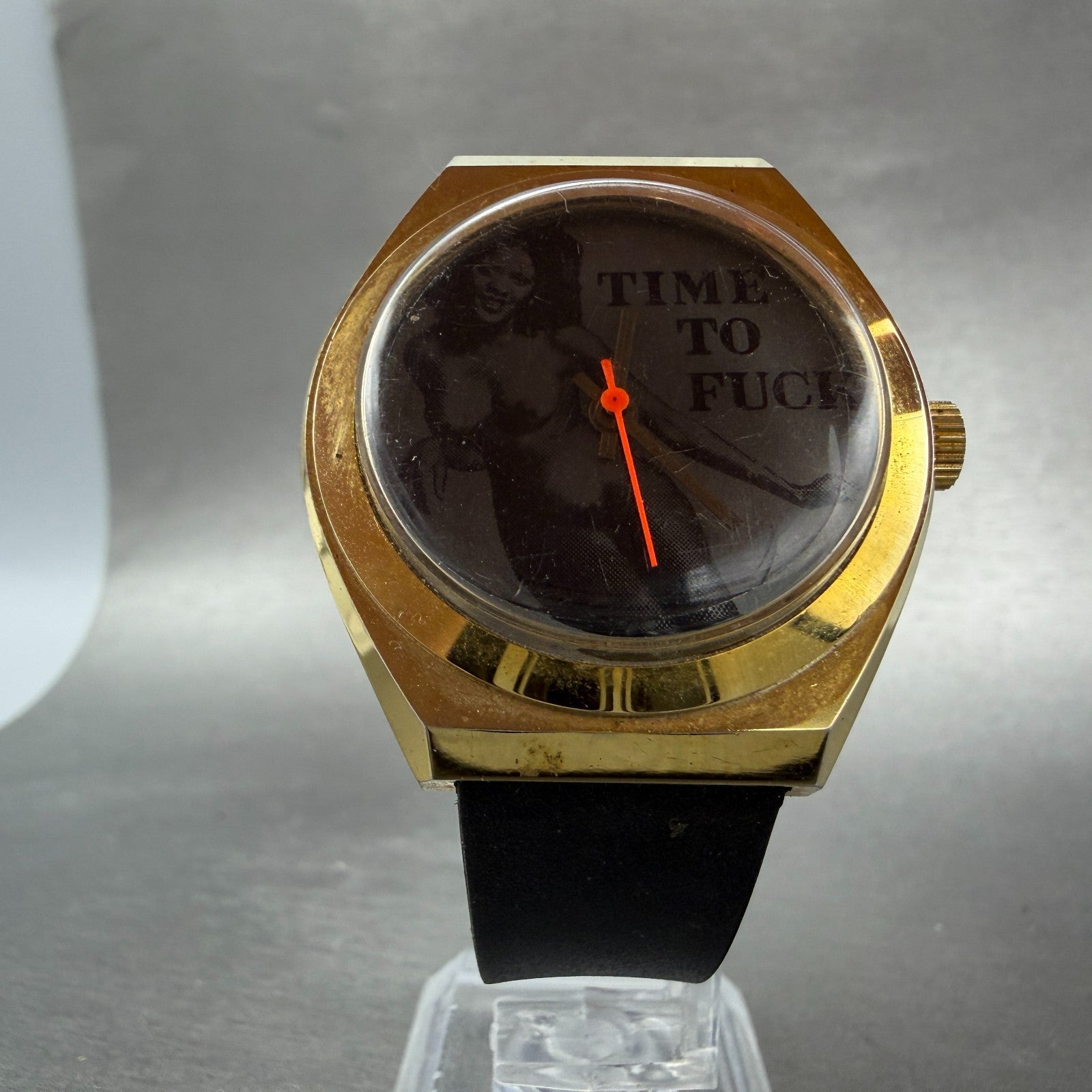Hugh Hefner Time To F**k Watch Men 38mm Black Dial Gold Tone Manual Wind PARTS6