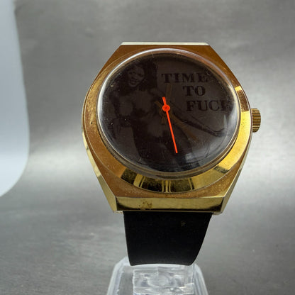 Hugh Hefner Time To F**k Watch Men 38mm Black Dial Gold Tone Manual Wind PARTS6