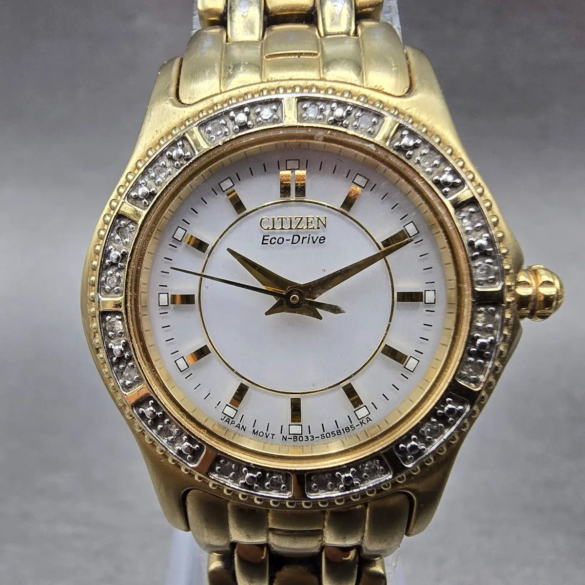 Citizen Eco-Drive Watch Women 26mm White Dial Gold Tone Round Diamonds Bezel0