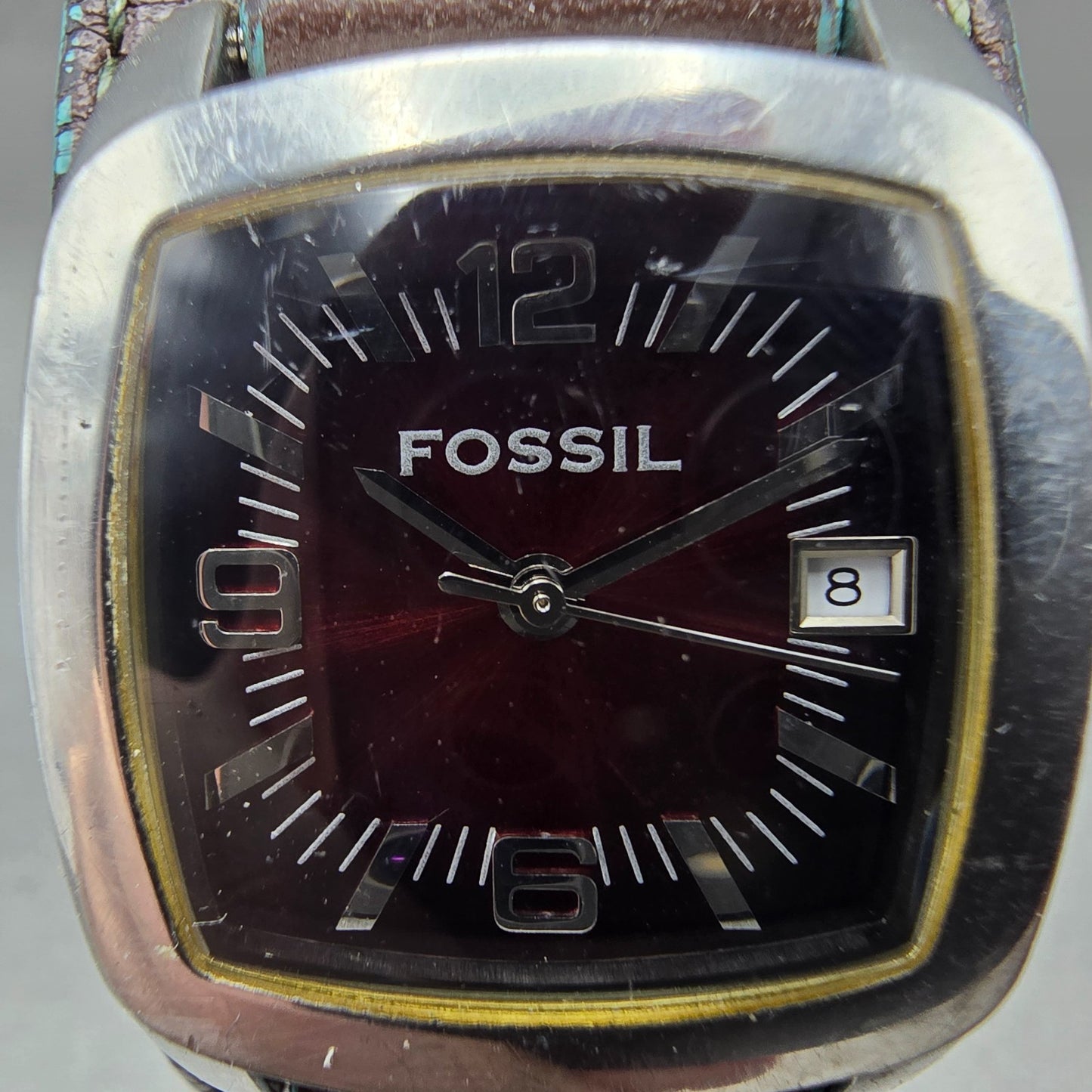 Fossil Watch Women 27mm Red Dial Silver Tone Date JR-8370 New Battery1