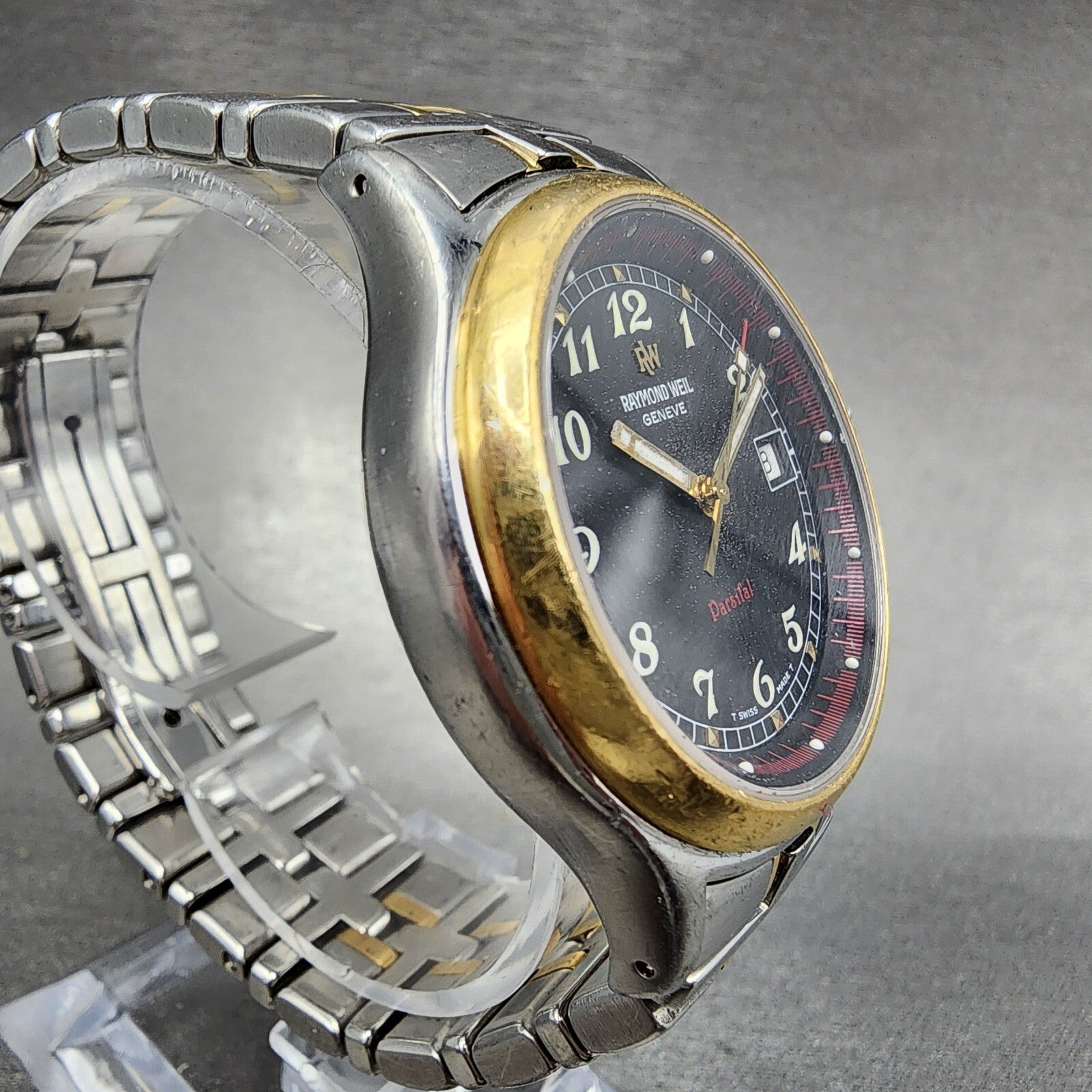 Raymond Weil Parsifal Watch Men 37mm Black Dial Two Tone Date Round READ!! NewBa5