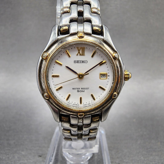 Seiko Watch Women 26mm White Dial Two Tone Date Round 7n820599 New Battery0