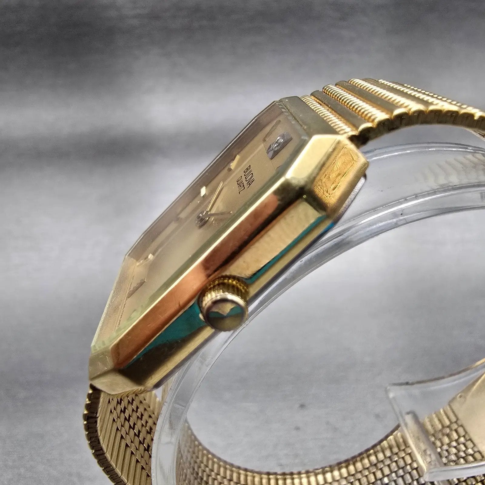Bulova Watch Men 25mm Gold Dial Gold Tone Gem Stone Rectangle 92M45 New Battery2