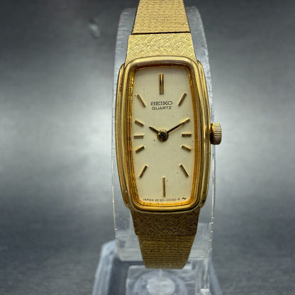 Seiko Tank Watch Women 13mm White Dial Gold Tone Rectangle 2e20-5010 New Batt J70