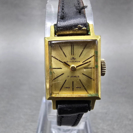 Bucherer Tank Watch Women 15mm Gold Dial Gold Plated Manual Wind PARTS0