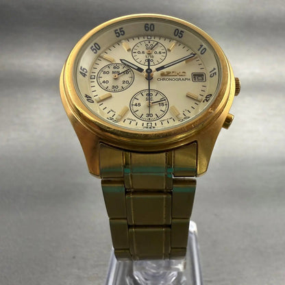 Seiko Chronograph Watch Men 39mm Champagne Dial Gold Tone Date V657-7100 New Bat5