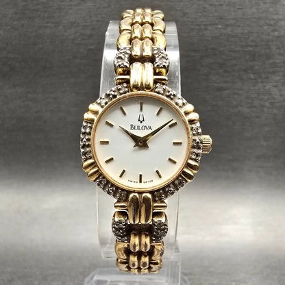 Bulova Watch Women 21mm White Dial Gold Tone Gemmed Round 98R06 New Battery0