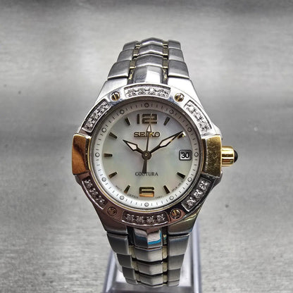 Seiko Coutura Watch Women 26mm MOP Dial Two Tone Date Gemmed 7N82-0CG0 New Batt0