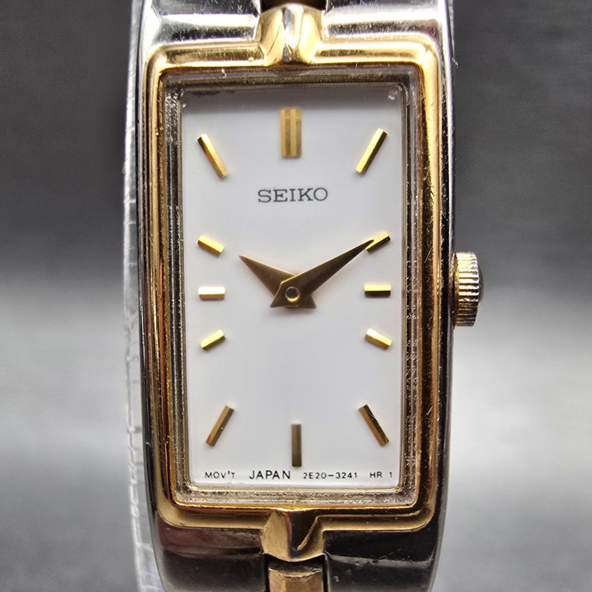 Seiko Tank Watch Women 13mm White Dial Two Tone Rectangle 2E20-7479 New Batt 451