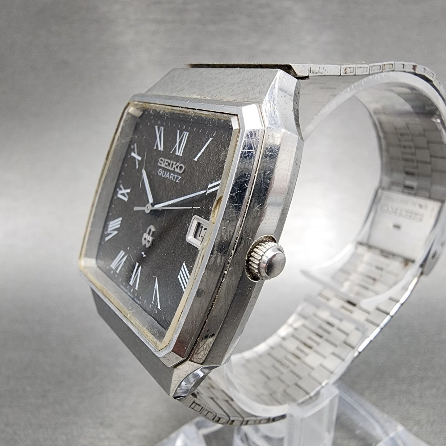 Seiko Watch Men 33mm Brown Dial Silver Tone Date Rectangle 0842-5010 New Battery