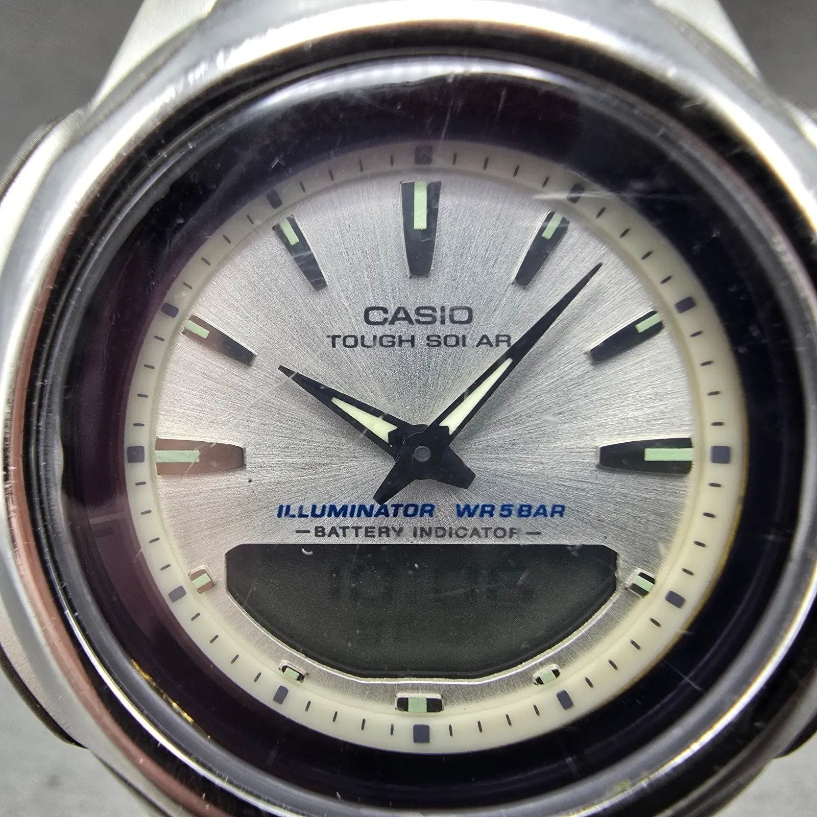 Casio AW-S90 Watch Men 41mm Silver Dial Silver Tone Analog Digital Solar Works1