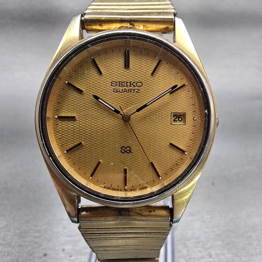 Seiko SQ Watch Men 35mm Gold Dial Gold Tone Date Round 5Y22-8A08 New Battery VTG0