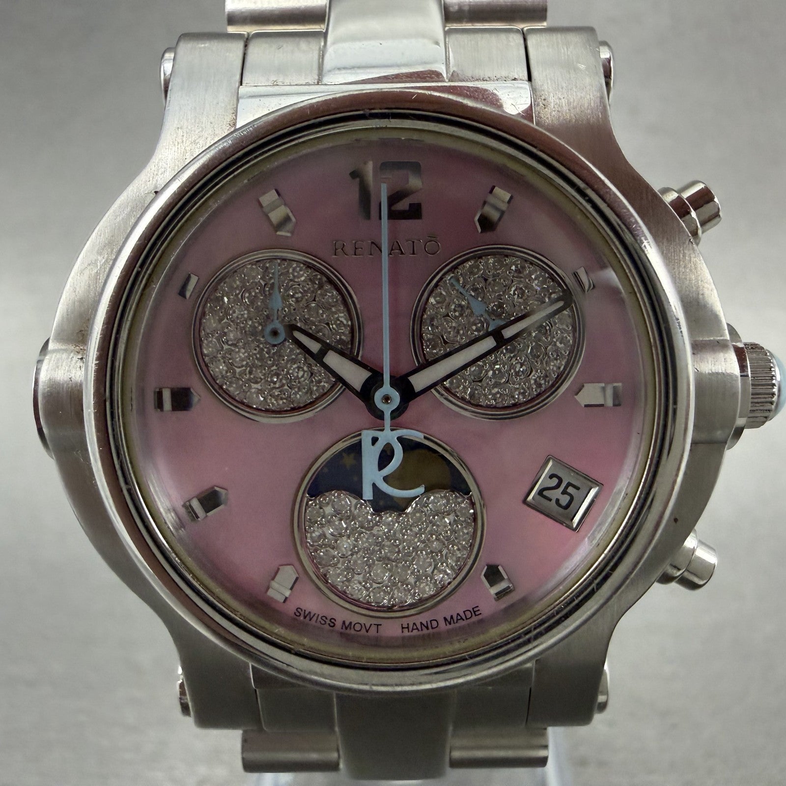 Renato Beauty Chrono Watch Women 36mm MOP Dial Steel Diamond Moonphase New Batt1